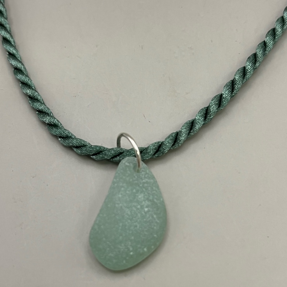 Green Sea Glass Necklace with Braided Cord